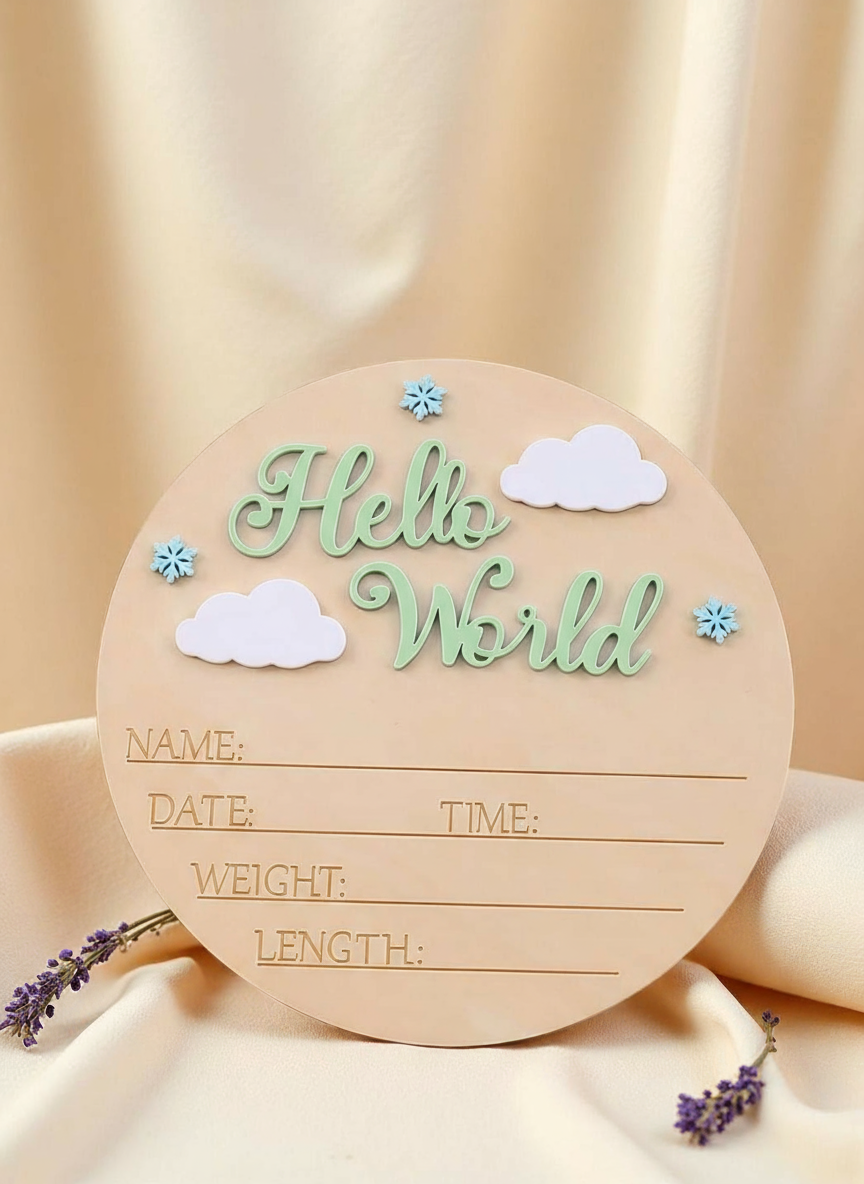 Cartel de anuncio de nacimiento "HOLA MUNDO" como accesorio de fotografía recién nacido