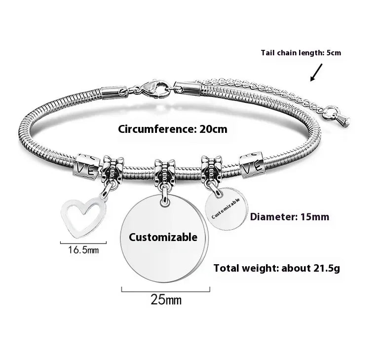 Pulsera Personalizable con Dije de Corazón – Grabado Láser Incluido